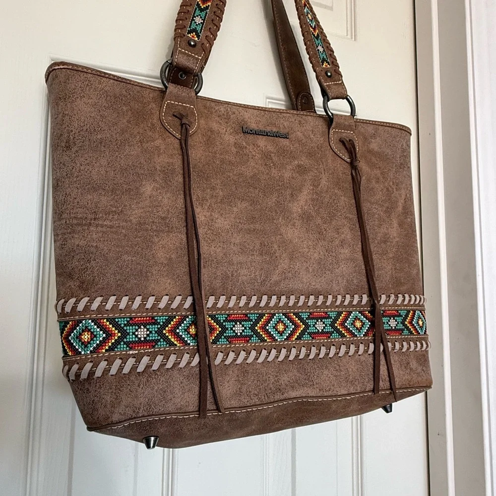 Montana West Embroidered Aztec Collection Brown Tote Purse Conceal and Carry